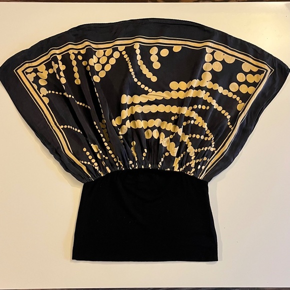 Black and Gold Cache y2k Silk Scarf Cowl Neck Blouse OS - Picture 1 of 3